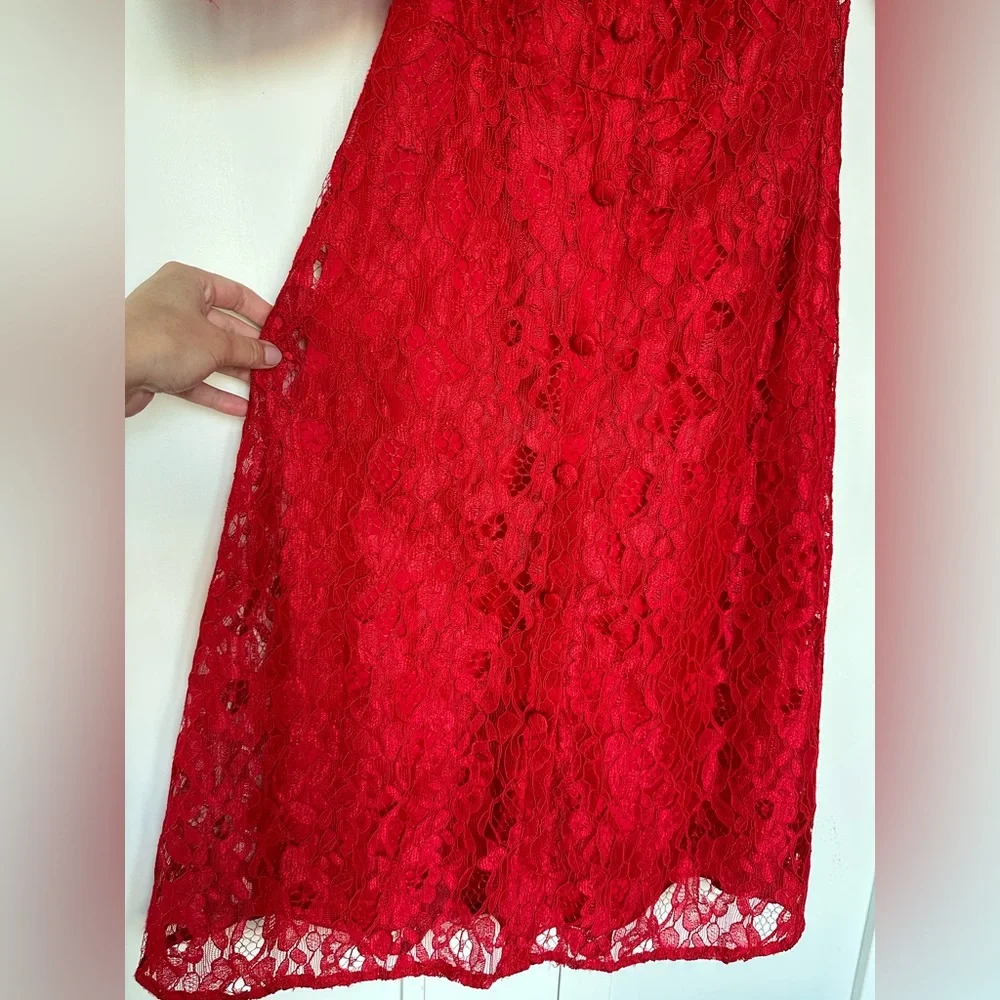 Zara Red Lace Midi Dress Button Down Size M Off-shoulder A Line Dress - Picture 9 of 15